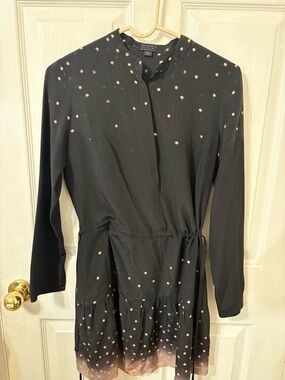 All Saints Black Long Sleeve Star-Print Tie-Waist 100% Silk Dress